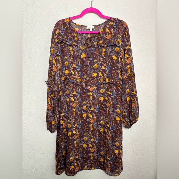 Garnet Hill 100% Silk Burgundy Floral Ruffled Boho Knee Length Swing Dress S - Picture 2 of 8